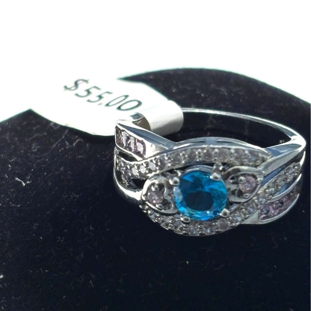 Sterling Silver Ring With Blue & Pink Stones Size  8.5  Elegant Design For Women - Picture 2 of 4